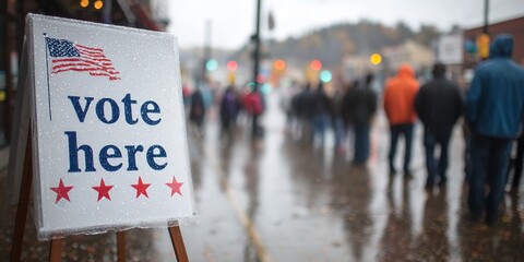 Rainy day voters queue at polling station urging civic participation and democratic duty