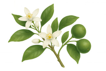 Obraz premium Lime tree branch illustrating green citrus fruits, white blossoms, and leaves, a botanical illustration with transparent background
