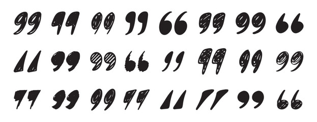 quotation mark doodle testured hand drawn icon set. quotation mark drawing line clipart symbol collection