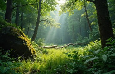 Obraz premium Sunlight streams through a dense forest canopy, illuminating a rich green undergrowth and mossy rocks. Fallen logs lie scattered on the ground in vibrant grasses.