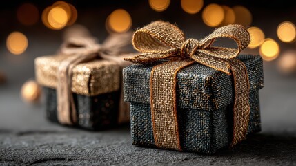 Two elegant black and gold presents tied with rustic ribbons sit on a textured surface with a warm festive bokeh background