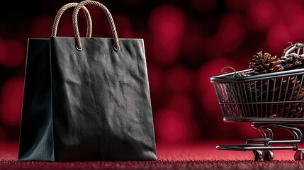 A black textured shopping bag and a small metal cart filled with pinecones set against a festive red bokeh background for holiday shopping