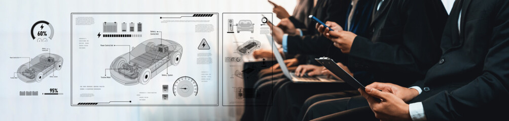 Business professionals engage with digital technology and automotive insights, showcasing teamwork and analysis in a modern corporate environment focused on innovation. Trope