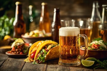 Refreshing cold beer mug and delicious tacos served on rustic wooden table perfect for Cinco de Mayo celebration