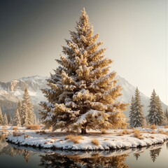 Golden winter serenity &mdash; a majestic snow-covered pine tree reflected in a calm lake under soft morning light. Peaceful landscape symbolizing nature&rsquo;s beauty and holiday tranquility.