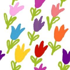 seamless pattern with colorful flowers, tulips, children's drawing style 