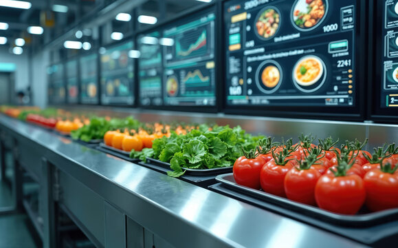 Automated food production line with fresh produce on a conveyor belt. Large digital screens display real-time data analytics and quality control metrics for efficient operations.