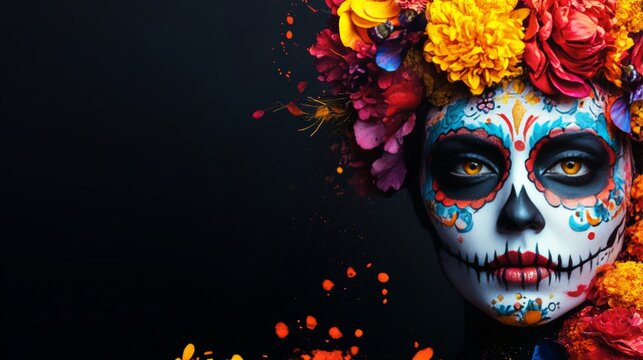 Vibrant sugar skull makeup design for halloween or dia de muertos celebration   customizable banner