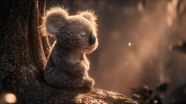 Animated koala sitting on tree branch with cinematic sunlight