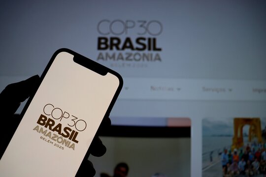 Salvador, Brazil - October 4th, 2025: COP 30 Brasil Amazonia Bel&eacute;m 2025 logo. The United Nations Climate Change Conference 2025 (COP 30) will be held in Bel&eacute;m, Brazil. 