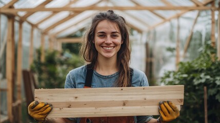 Cheerful female carpenter with wooden planks at her backyard greenhouse diy project in nature