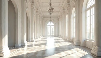 Elegant white hallway with sunlight streaming through windows. Interior design features marble floor columns chandeliers. Architectural space shows bright light airy atmosphere.