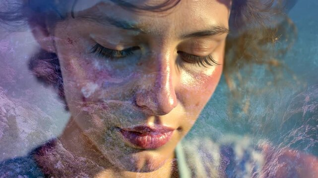 positive mental health video pastel double expsoure of woman close-up enjoying tranquility in outdoor environment