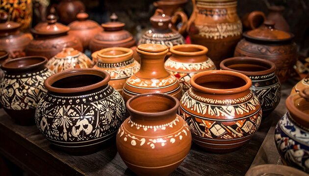 Display of hand-painted clay pots