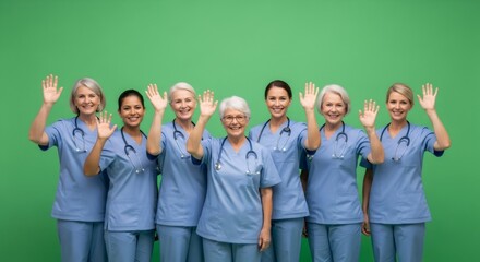 Group of women doctors and nurses waving on green screen. Diverse female medical team isolated for chroma key. Healthcare workers.