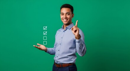 Happy black man showing check mark list and pointing finger up. Young african american guy checklist on green screen. Solution concept.