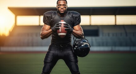 Muscular Athlete Holds Football Ready for Game Day Action