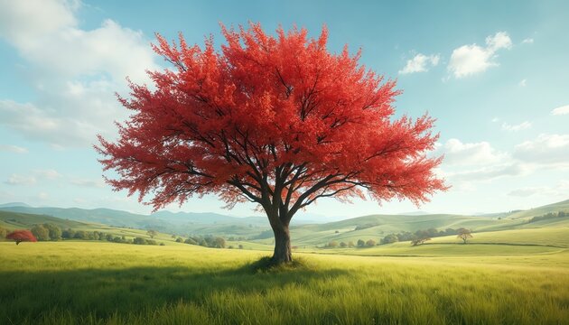 A majestic tree stands in a vibrant green field with a canopy of fiery red leaves. Rolling hills and a blue sky create idyllic scenery. Autumn season is revealed.