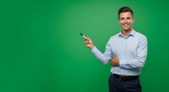 Man standing with marker showing copy space on green background. Businessman presenting on chroma key for advertisement.