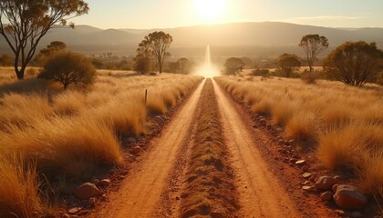 Scenic photo of a dirt road through a dry grassy field. The path leads to bright sunlight at horizon. Trees line the landscape. Beautiful sunset over rural area.