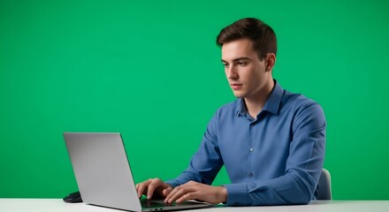 Young man using laptop computer for work. Business professional typing on keyboard. Green screen background for chromakey.