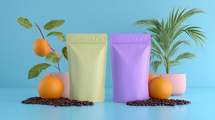 Two colorful pouches stand between orange trees and beans on a blue backdrop