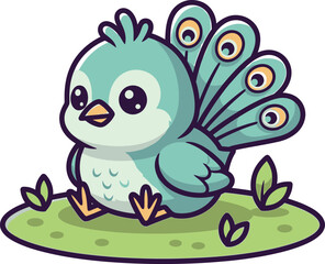 Fototapeta premium Adorable cartoon peacock bird sitting happily on green grass with vibrant feathers displayed