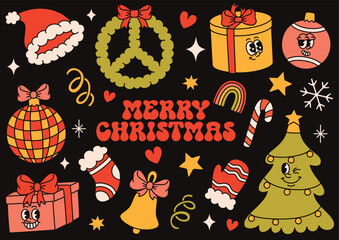 A set of Christmas groovy elements on a dark background. Cheerful gifts, stars, a bell, a Christmas tree, and a cute sock and glove.