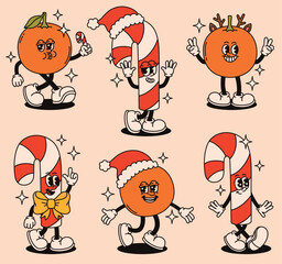 Set of Christmas groovy characters tangerines and candy canes.