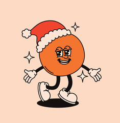 Christmas groovy character tangerine in a hat.