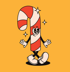 Christmas groovy funny candy cane character.