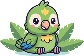 Adorable cartoon parrot with big eyes and cheerful expression sitting amidst lush green leaves