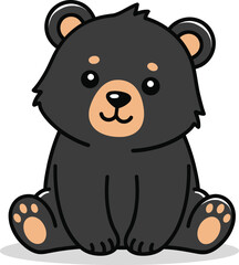 Adorable cartoon black bear cub sitting happily, perfect for children's books and playful designs