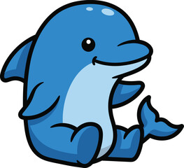 Naklejka premium Adorable cartoon dolphin sits happily with a joyful expression, perfect for children's media and ocean themes.