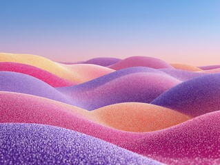 Vibrant, abstract landscape with rolling dunes of sparkling pink, purple, and orange under a soft gradient sky, evoking a dreamy, futuristic feel.