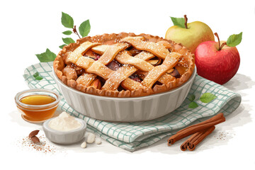Homemade apple pie with lattice crust served with apples cinnamon sticks and ingredients a delicious dessert illustration