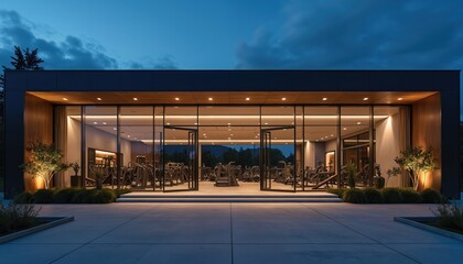 Modern fitness building entrance with sleek glass facade at twilight. Interior gym equipment visible through bright windows. Exterior features minimalist design, wood accents, illuminated plants.