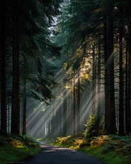 Obraz premium Sunbeams streaming through dense pine forest path for tranquil nature exploration imagery.