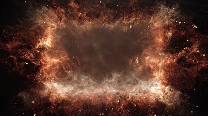 A rectangular void surrounded by fiery, swirling nebulous formations, like an expanding cosmos