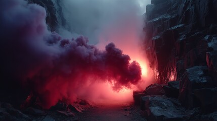 Fiery red smoke billowing through dark rocky canyon for dramatic fantasy marketing.

