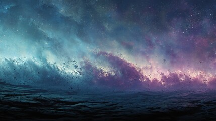 Fototapeta premium Cosmic ocean waves glowing in deep blue and purple under starry horizon.
