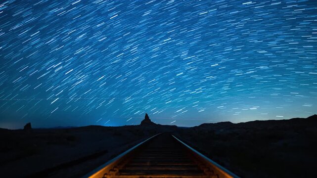 Starry Sky Above Train Track Mojave Desert Astrophotography Night Sky Time Lapse in California USA