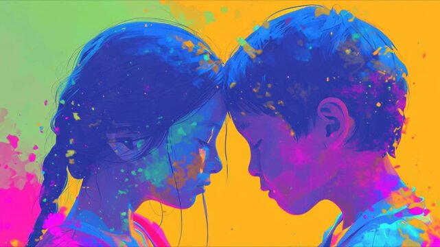 A colorful, original video in vector style about the relationship between a boy and a girl, which will soon develop, or has already developed, into the most beautiful romantic feeling - love