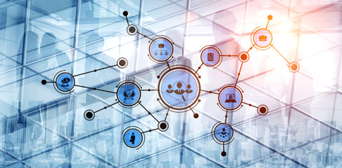 This image depicts a digital network concept featuring technology icons and silhouettes against a modern urban backdrop, illustrating innovation and connectivity. Tessel