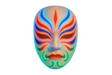 Japanese noh mask with glowing neon lines
