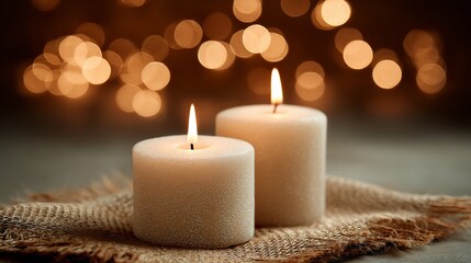 Two cream-colored pillar candles, flickering gently, rest on a textured burlap surface.  Warm, golden bokeh lights softly blur the background