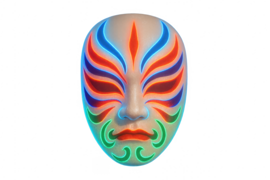 Japanese noh mask with glowing neon lines