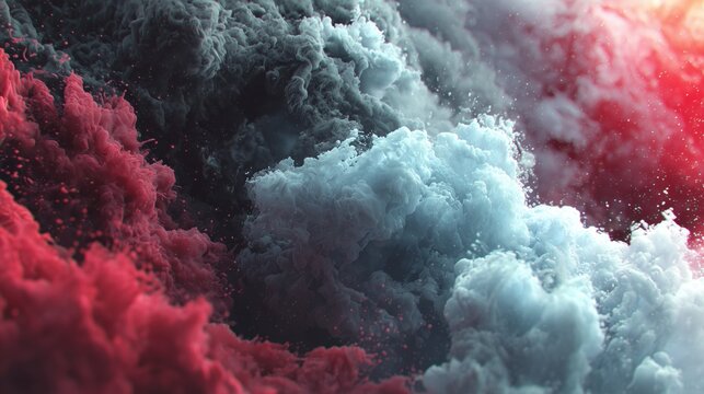 Billowing clouds of red and gray vapor swirling in dramatic contrast for creative design.