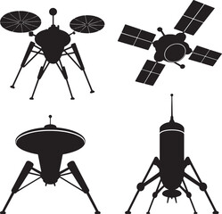 Four black silhouette spacecraft and probes on white background satellite rocket