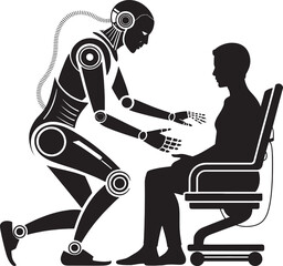 Humanoid robot reaching out to a seated person in a chair android